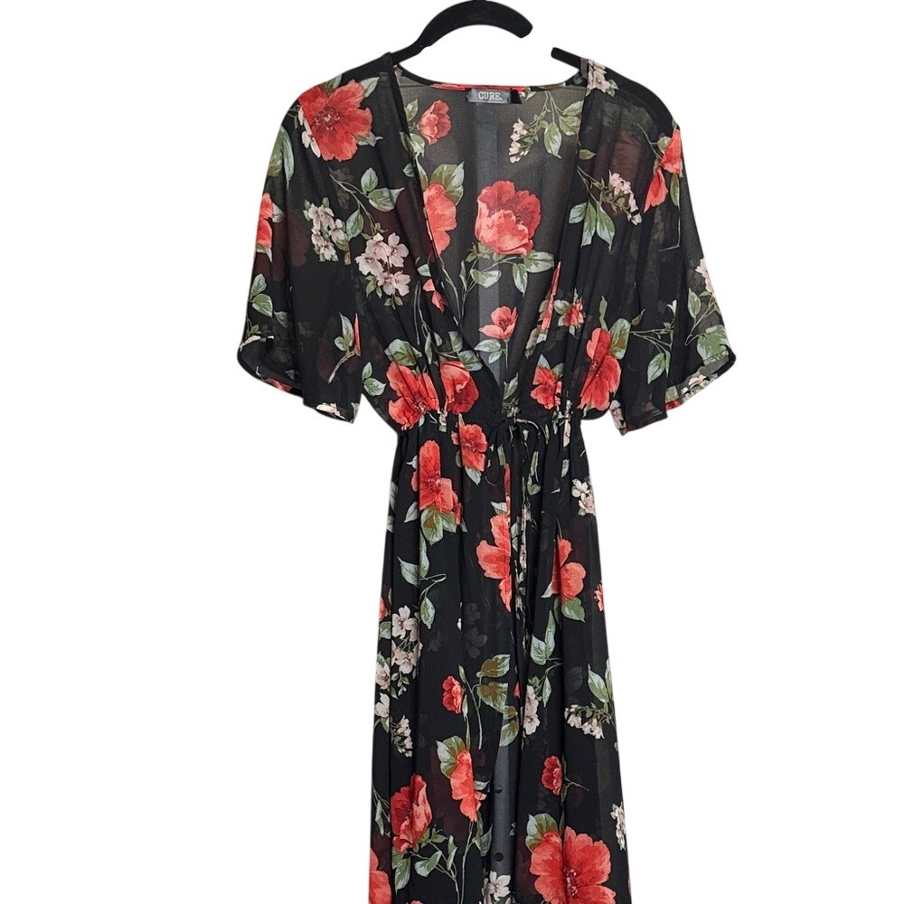 CURE. Black Red Floral Maxi Duster Kimono Cardigan Cover Up Medium
